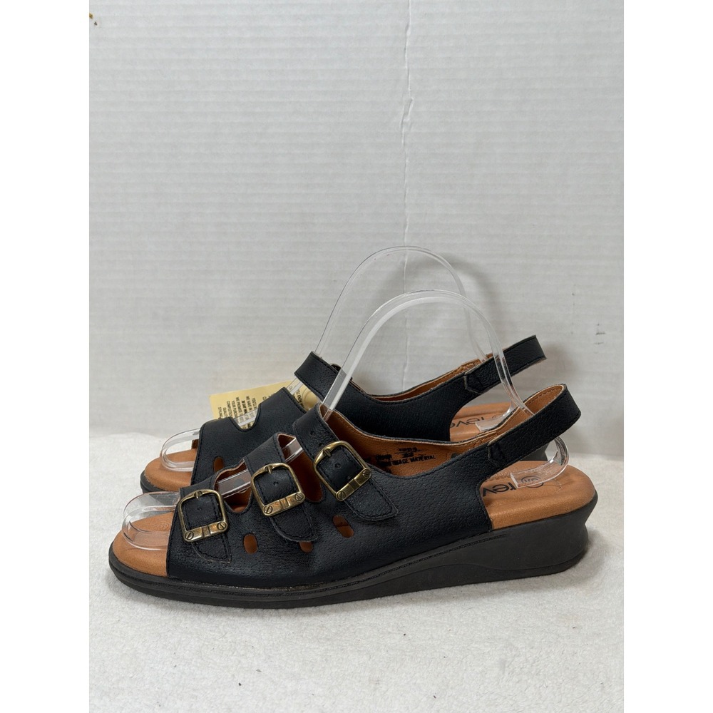NWT‎ VTG Revelations Black Leather Strappy Buckle Slingback Wedge Sandals Size 9